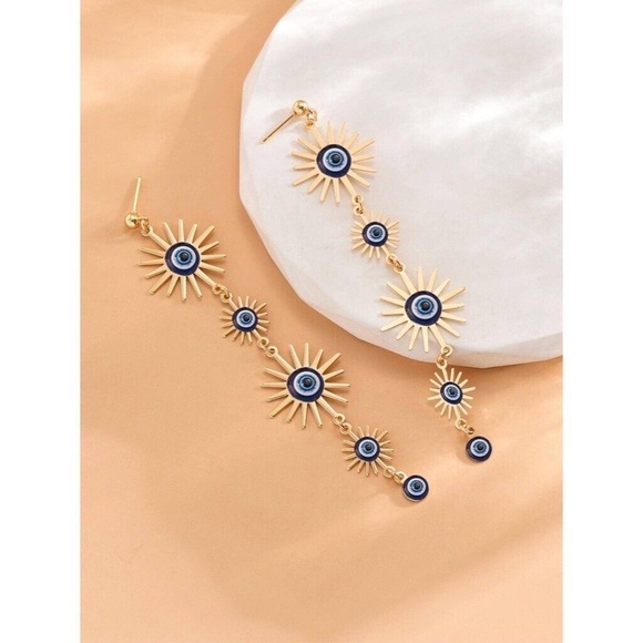 NEW! Long Dangle Blue Gold Sun Shoulder Duster Earrings Post Boho Festival - Picture 1 of 7